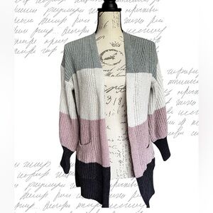 Hippie Rose Colorblock Open-Front Cardigan in Gray, Cream & Dusty Pink